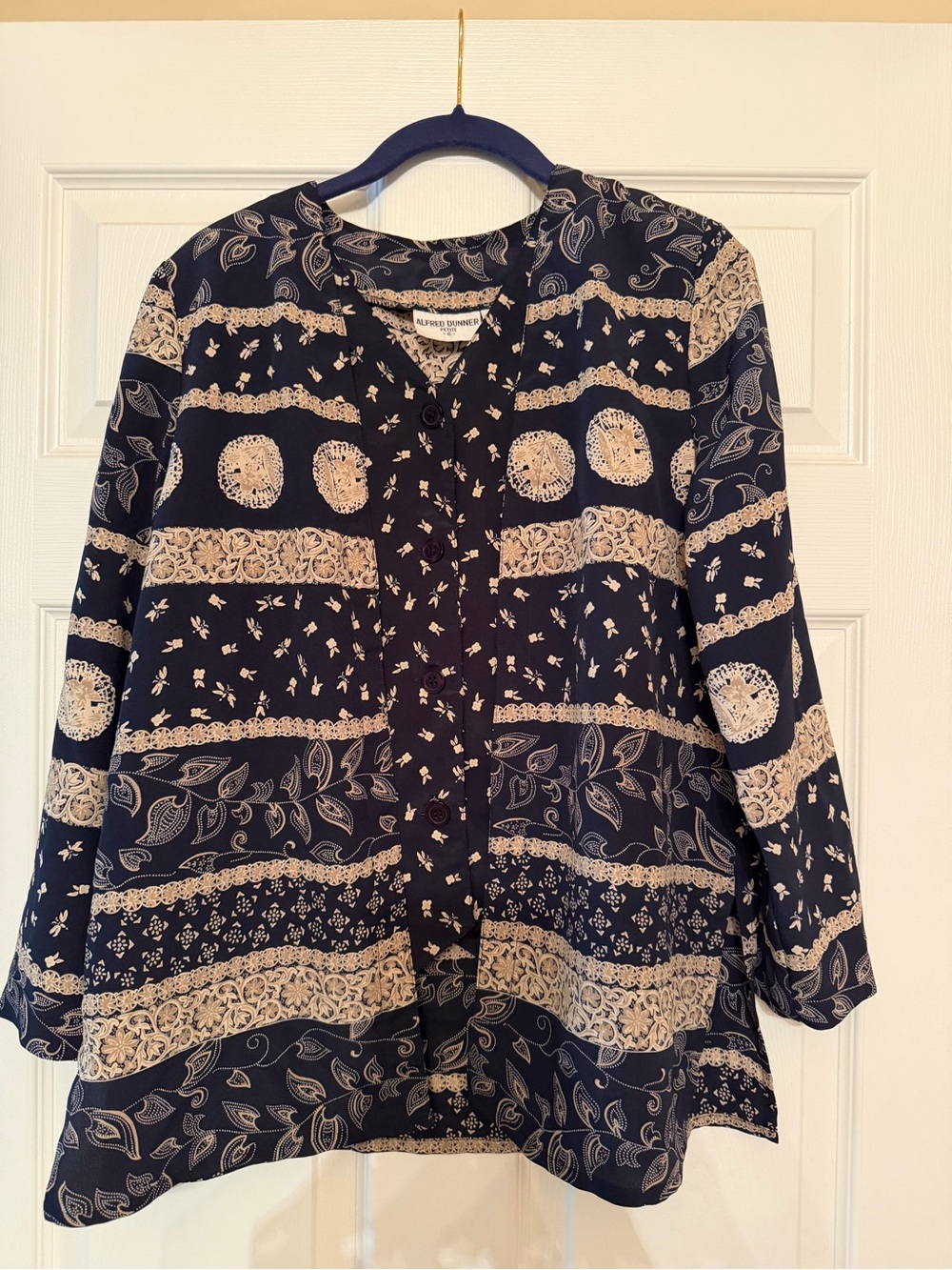 Alfred Dunner Navy and Cream Geometric Button Front Top with a Long Sleeve Shell